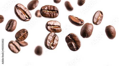 Flying coffee beans captured in motion on a white background. AI generated image