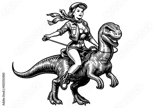 Cowgirl riding dinosaur, classic Western imagery with playful prehistoric fantasy sketch engraving generative ai fictional character PNG illustration. Scratch board imitation. Black and white image photo