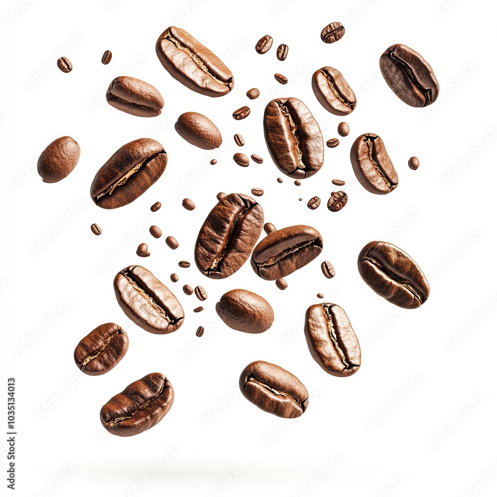 Flying coffee beans captured in motion on a white background. AI generated image Flying coffee beans captured in motion on a white background. AI generated image