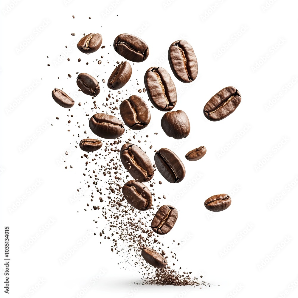 Flying coffee beans captured in motion on a white background. AI generated image Flying coffee beans captured in motion on a white background. AI generated image