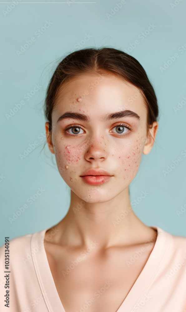 Close-up portrait of a teenage girl with half of her face showing clear, smooth skin and the other half with noticeable acne, representing skin care issues and the importance of skincare treatments Close-up portrait of a teenage girl with half of her face showing clear, smooth skin and the other half with noticeable acne, representing skin care issues and the importance of skincare treatments