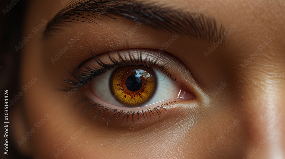 Close up view of a brown woman eyes with contact lens looking at camera Close up view of a brown woman eyes with contact lens looking at camera