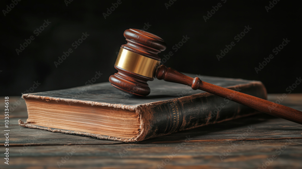 Gavel resting on an old law book on a wooden table Gavel resting on an old law book on a wooden table
