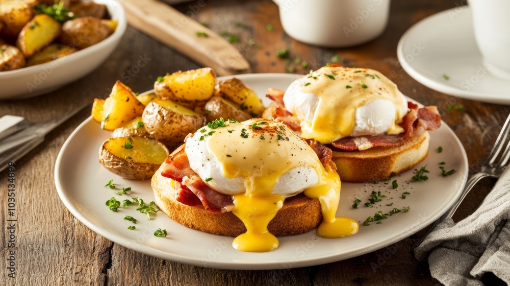 A classic eggs Benedict with poached eggs, Canadian bacon, and hollandaise sauce A classic eggs Benedict with poached eggs, Canadian bacon, and hollandaise sauce