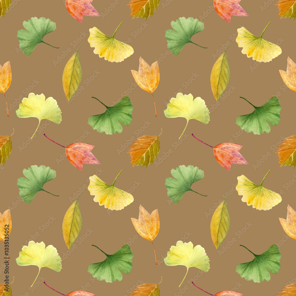 Fototapeta premium Ginkgo, autumn leaves seamless pattern on caramel background. High quality hand-painted detailed textured watercolor perfect for textile, wrapping paper, stationary, decor. Yellow, orange, green
