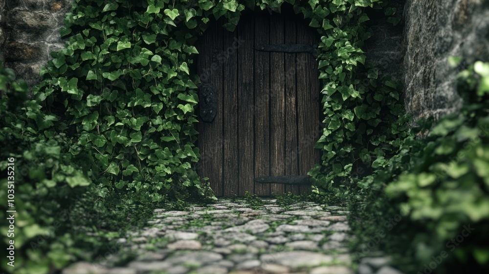 An overgrown stone pathway leading to a weathered wooden door. An overgrown stone pathway leading to a weathered wooden door.