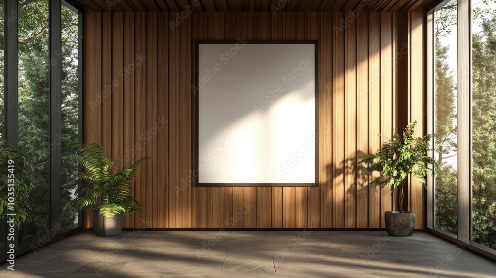 Fototapeta premium minimalist frame mockup with wooden wall and frame mockup in natural light showing frame mockup for artwork presentation, There's a blank screen. Cozy living room meeting 