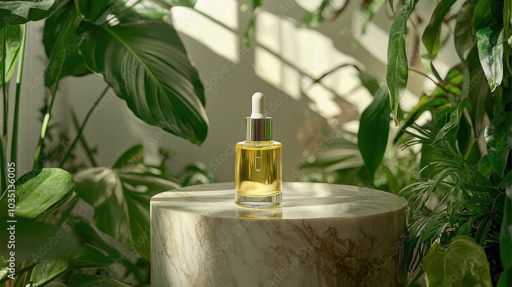 Natural Essence Oil Bottle Surrounded by Greenery Natural Essence Oil Bottle Surrounded by Greenery