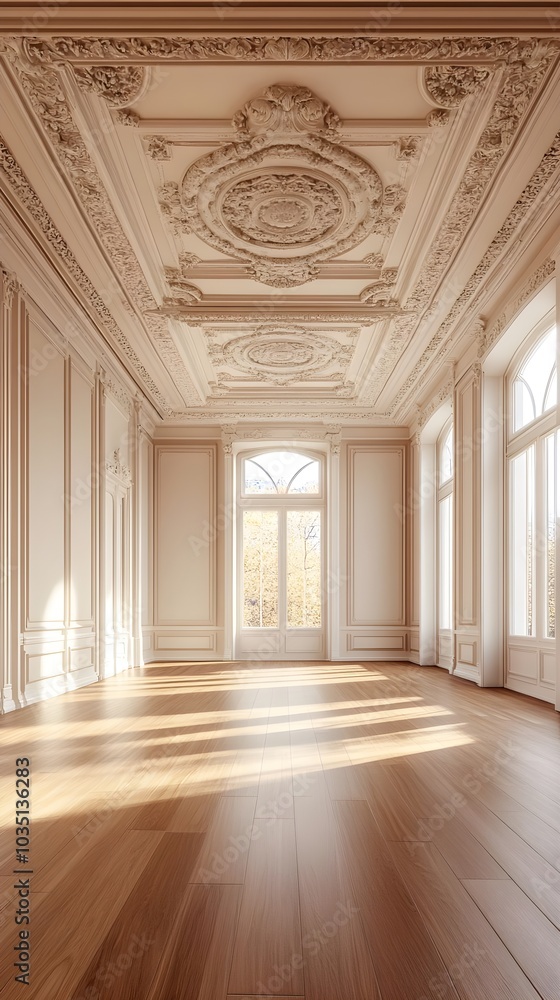 Elegant Room with Ornate Ceiling Large Windows and Hardwood Floors Elegant Room with Ornate Ceiling Large Windows and Hardwood Floors