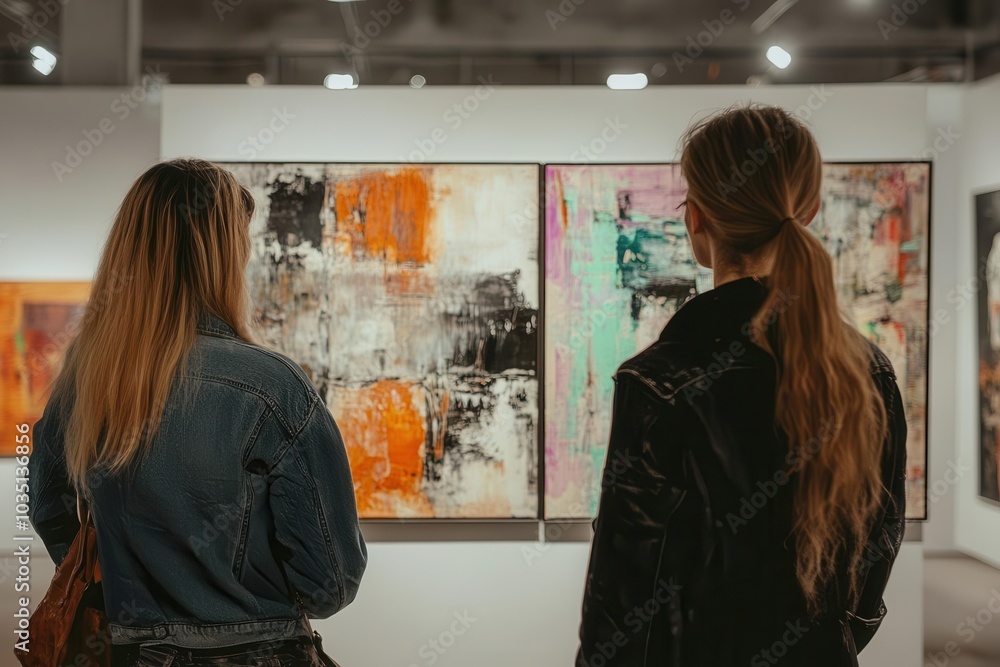 Art lovers admiring abstract paintings at a modern exhibition, soft lighting highlighting the artwork, ultrarealistic detail of brushstrokes and gallery ambiance Art lovers admiring abstract paintings at a modern exhibition, soft lighting highlighting the artwork, ultrarealistic detail of brushstrokes and gallery ambiance