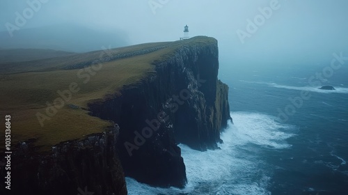 A lighthouse perched atop a dramatic cliff overlooking a turbulent sea photo