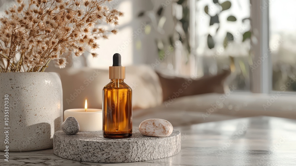 Elegant Amber Bottle on a Minimalist Surface Elegant Amber Bottle on a Minimalist Surface