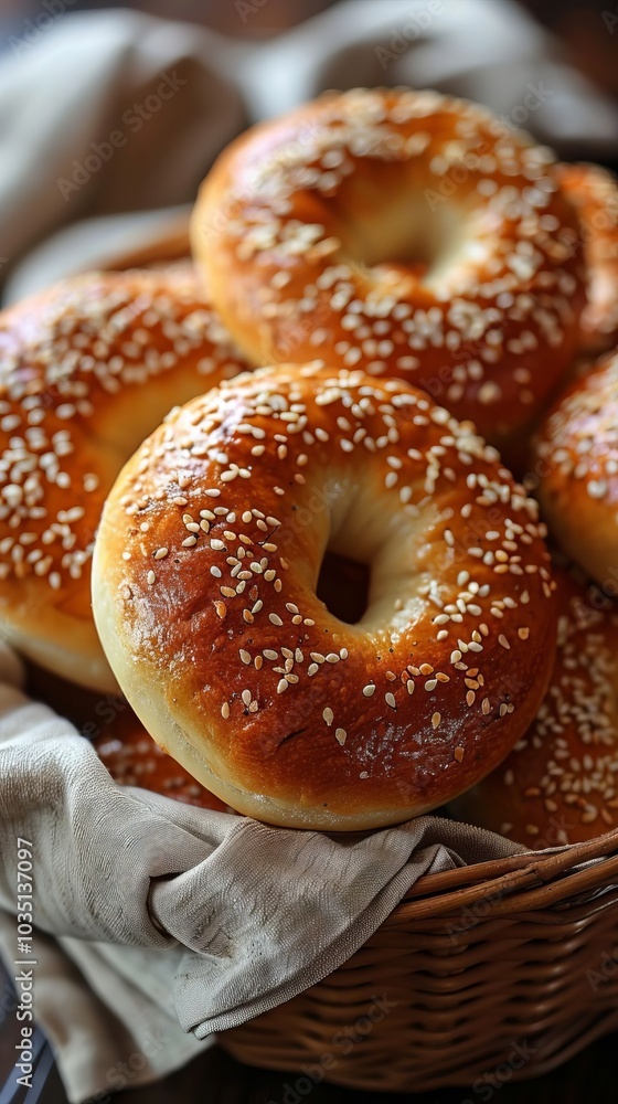 Freshly Baked Sesame Seed Bagels in Wicker Basket Freshly Baked Sesame Seed Bagels in Wicker Basket