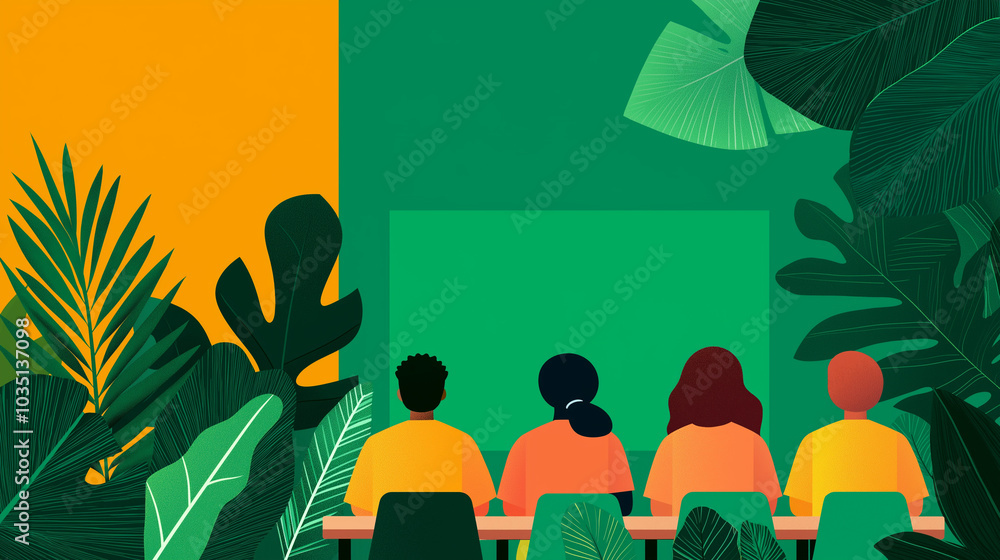 Diverse Group of People Sitting Facing a Blank Green Screen Surrounded by Lush Tropical Foliage Diverse Group of People Sitting Facing a Blank Green Screen Surrounded by Lush Tropical Foliage