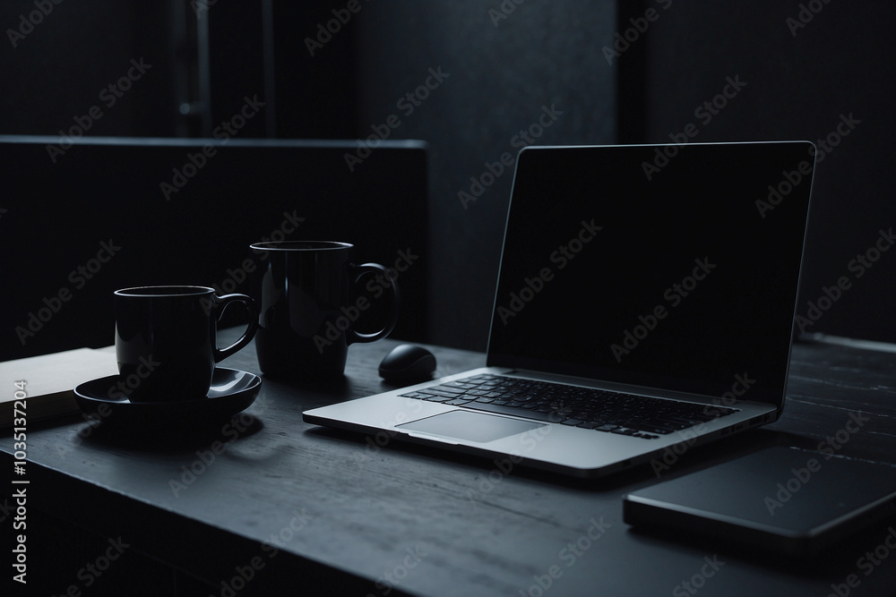 Black workspace with black laptop on black table Black workspace with black laptop on black table