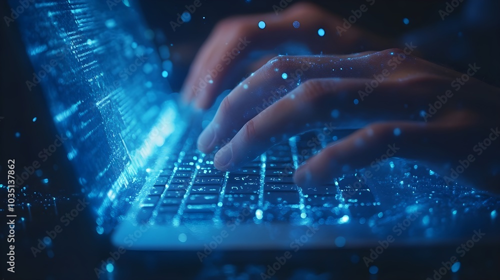 Closeup of Hands Typing on Laptop Keyboard with Blue Glowing Light Closeup of Hands Typing on Laptop Keyboard with Blue Glowing Light