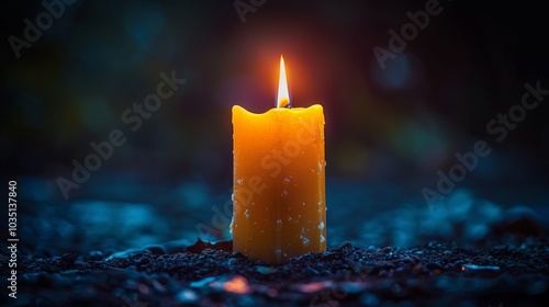 Single Burning Candle on Dark Background Hope Light Faith Spiritual Religion Cand photo