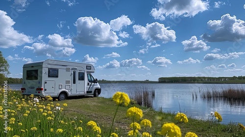 RV Camper Van Parked by Lake with Blue Sky and Clouds
