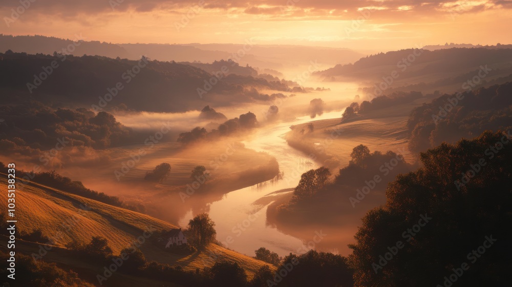 Obraz premium Serene River Valley Dawn with Mist and a Small House