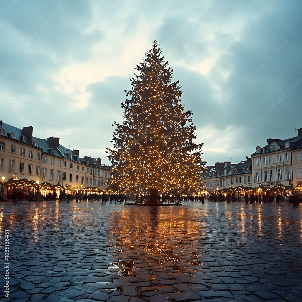 Obraz premium Illuminated Christmas Tree in European Town Square with Wet Cobblestone Pavement