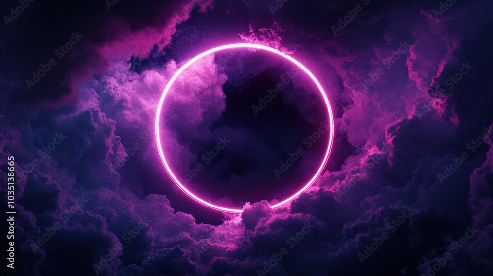 Neon Light Circle in Colorful Cloud Background Neon Light Circle in Colorful Cloud Background