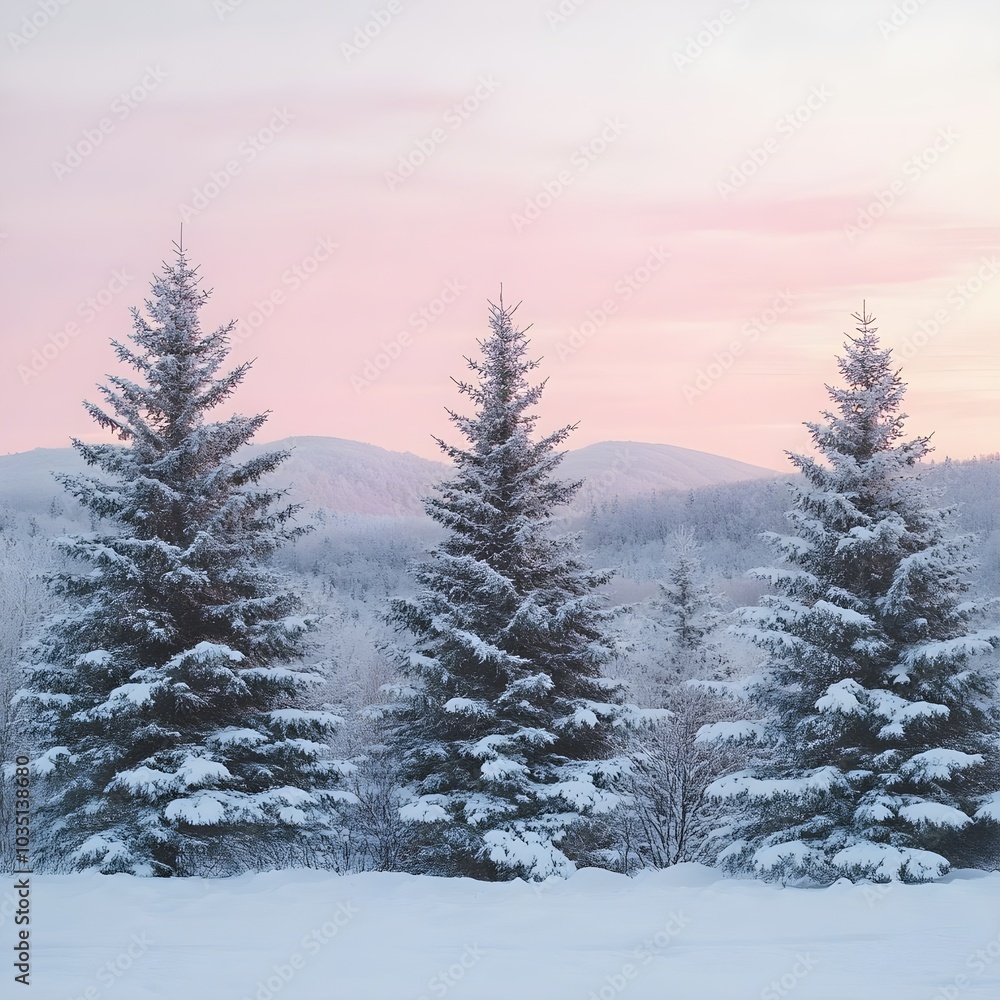 Snow Covered Pine Trees in a Winter Wonderland with Pink Sky Snow Covered Pine Trees in a Winter Wonderland with Pink Sky