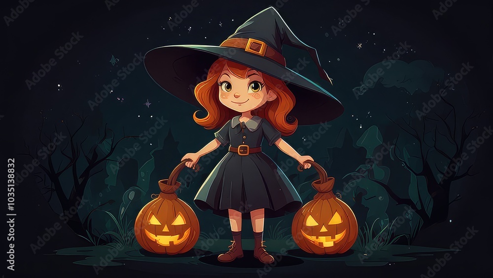 cartoon illustration of a witch in a full moon Halloween night isolated on a dark background, cartoon character, JPEG file cartoon illustration of a witch in a full moon Halloween night isolated on a dark background, cartoon character, JPEG file