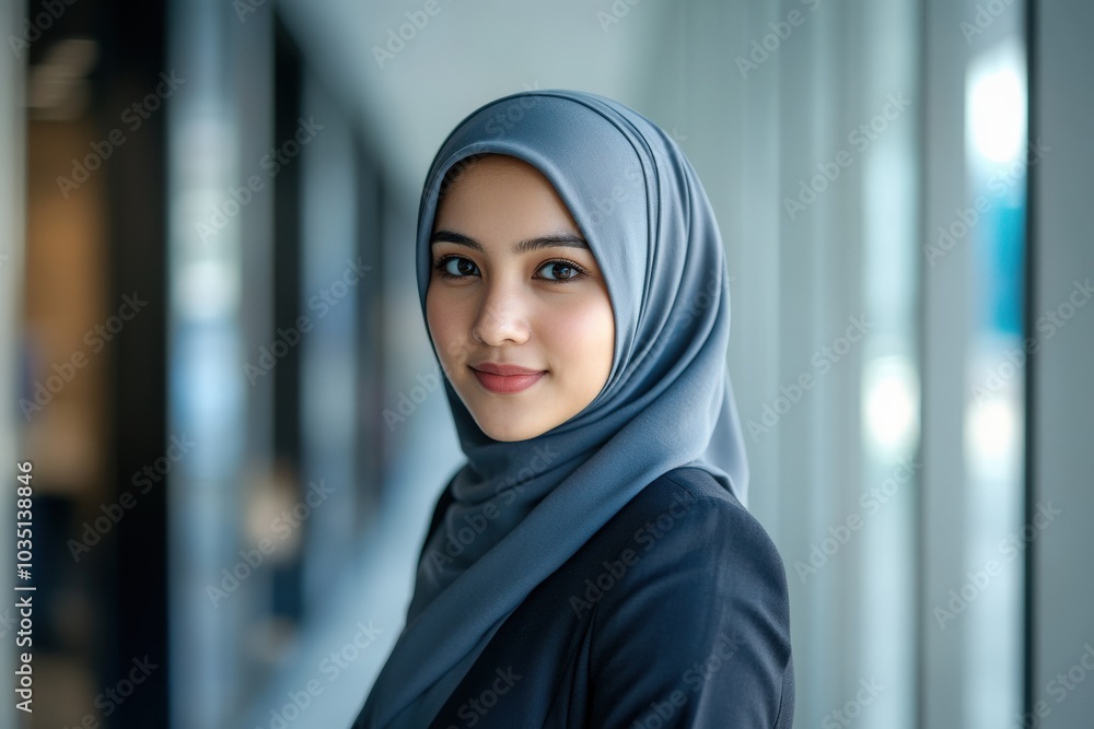 Muslim Businesswoman Portrait in Office Building. Confidence and Professionalism Muslim Businesswoman Portrait in Office Building. Confidence and Professionalism