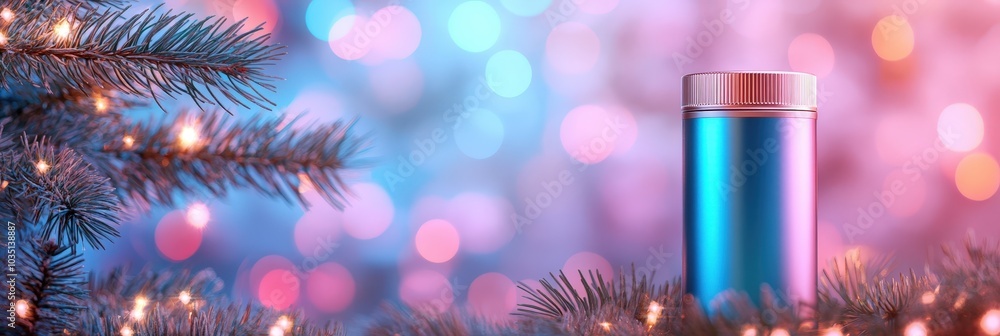 Colorful Container Among Holiday Lights and Pine Branches Colorful Container Among Holiday Lights and Pine Branches