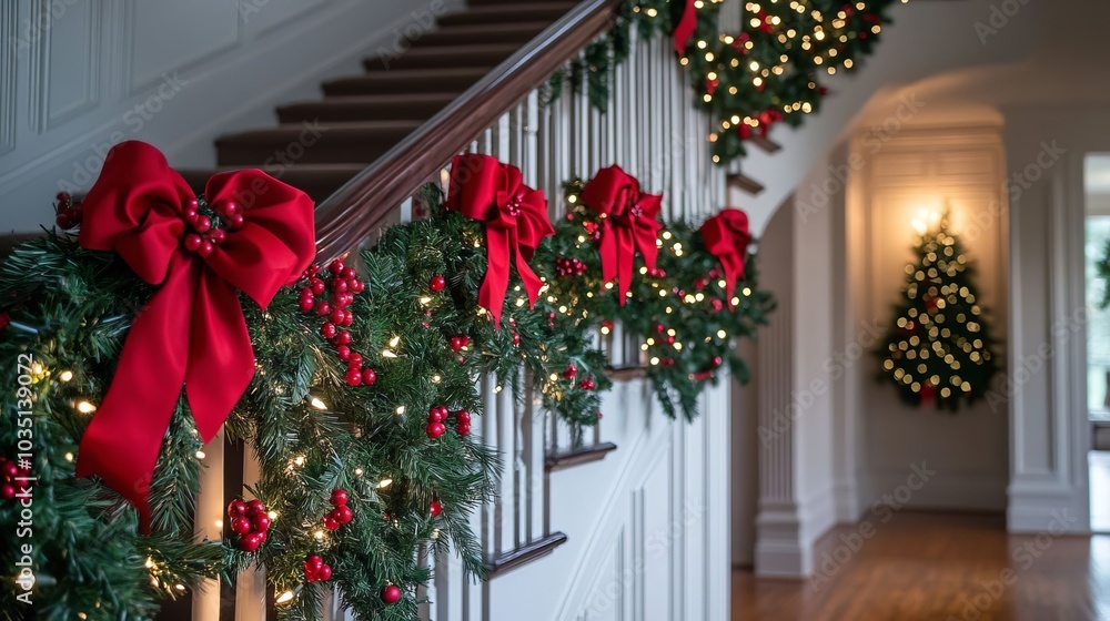 Naklejka premium Festive Christmas Garland and Bow Decorations on Staircase with Blurred Christmas Tree in