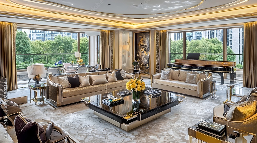 Luxurious open plan apartment featuring modern sleek interiors with sophisticated and chic decor elements creating a tranquil and inviting living space Luxurious open plan apartment featuring modern sleek interiors with sophisticated and chic decor elements creating a tranquil and inviting living space