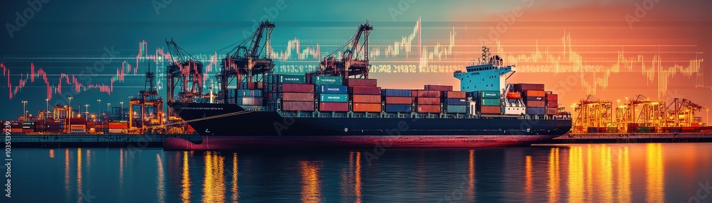 Fototapeta premium Cargo Ship at Sunset with Digital Financial Graph Overlay in a Busy Industrial Port