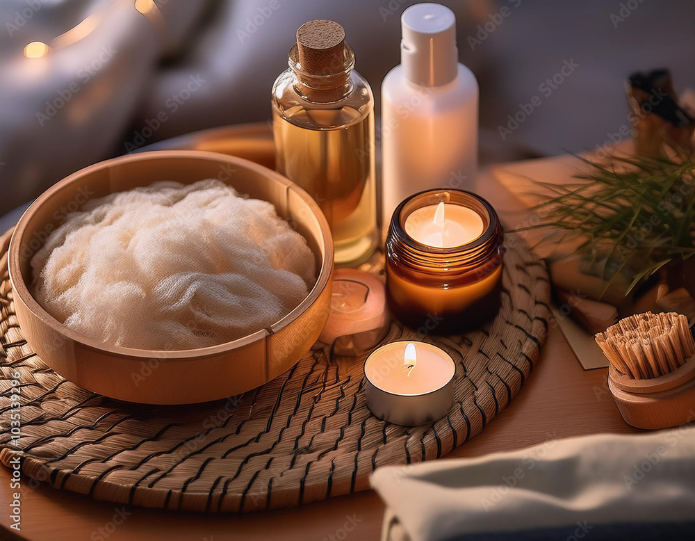 Close-Up Depiction of a Night Routine, Featuring Relaxing Bedtime Rituals, Skincare Products, and Sleep Aids Close-Up Depiction of a Night Routine, Featuring Relaxing Bedtime Rituals, Skincare Products, and Sleep Aids