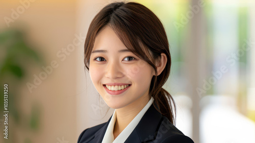 Confident and Ready: A young Japanese businesswoman exudes confidence and professionalism, her bright smile radiating warmth and approachability. 