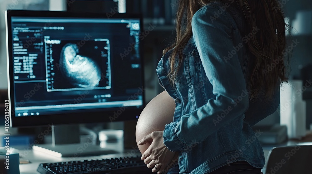 A pregnant woman in a clinic looking at an ultrasound on a screen. AI generated image A pregnant woman in a clinic looking at an ultrasound on a screen. AI generated image