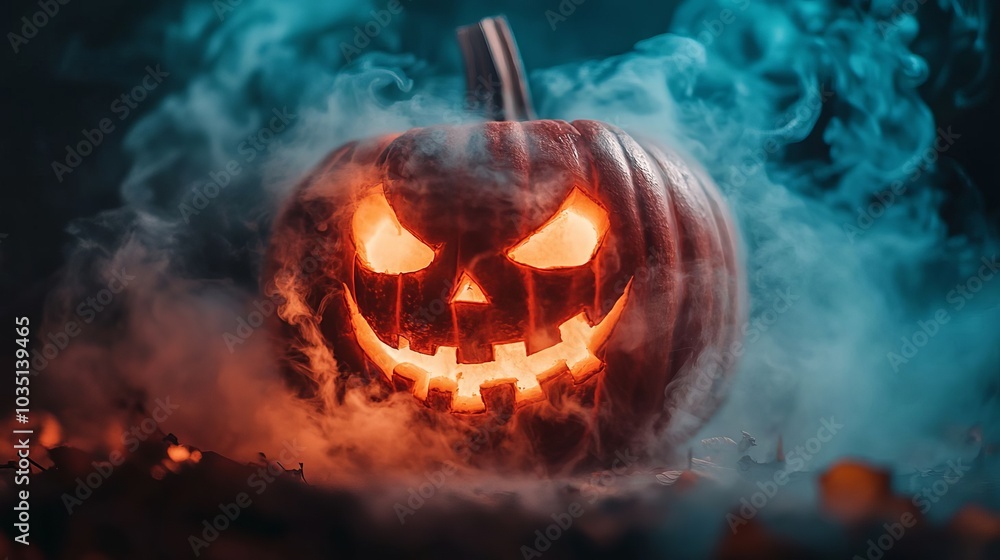 Spooky Halloween Jack o Lantern with Smoke and Glowing Eyes Spooky Halloween Jack o Lantern with Smoke and Glowing Eyes