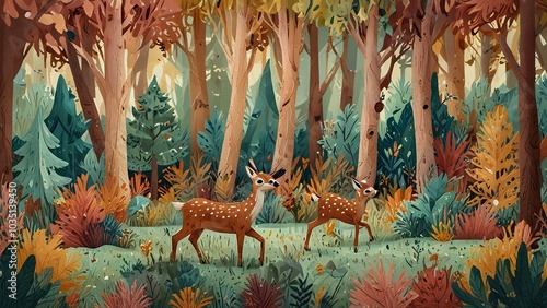 
A little deer and its friends playfully exploring a pastel green forest, bringing a whimsical charm to your designs!
