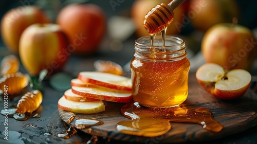 Honey Drizzled Apples Golden Drizzle Delicious Snack Fall Harvest Healthy Food photo