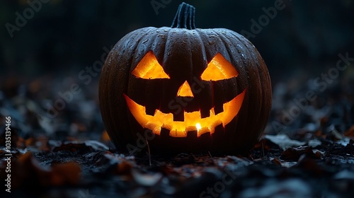 Lit Jack O Lantern Pumpkin Halloween Decoration in Forest