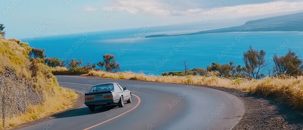 Fototapeta premium A scenic coastal road curves alongside the ocean, featuring a car driving through lush greenery and stunning blue waters in the background.