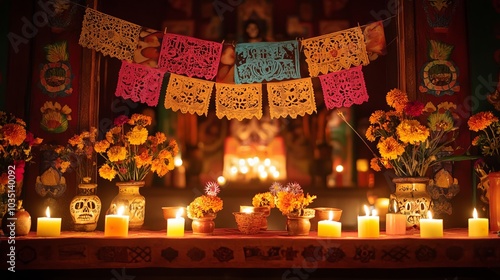 Day of the Dead Altar with Candles Flowers and Papel Picado Decorations photo