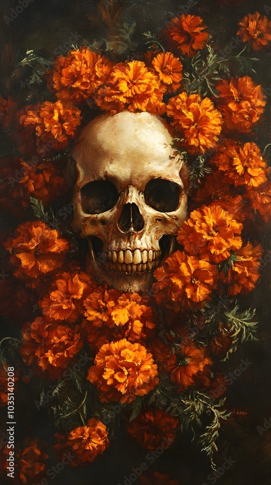 Skull and Marigolds Day of the Dead Art Print Skull and Marigolds Day of the Dead Art Print