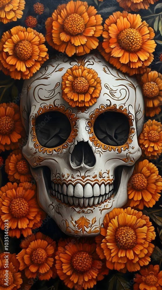 Sugar Skull with Marigold Flowers Day of the Dead Art Illustration Sugar Skull with Marigold Flowers Day of the Dead Art Illustration