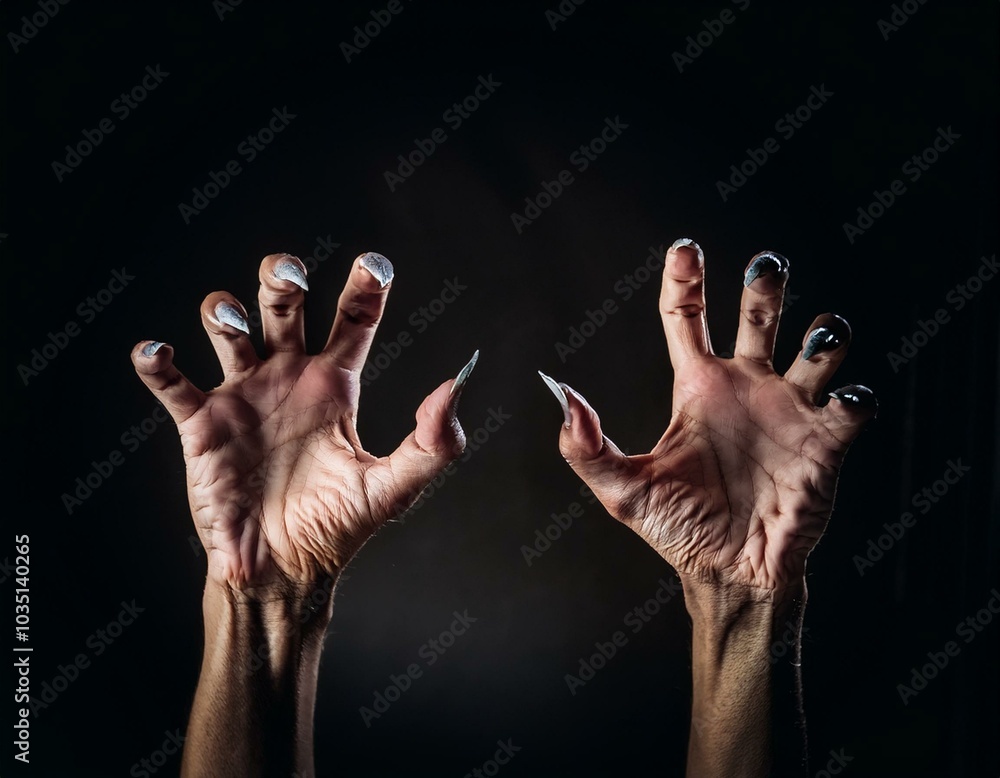 Closeup view of two female old scary mystic hands with long black nails on fingers of witch zomby demon or devil on halloween holiday character in studio indoor on dark background, square picture Closeup view of two female old scary mystic hands with long black nails on fingers of witch zomby demon or devil on halloween holiday character in studio indoor on dark background, square picture