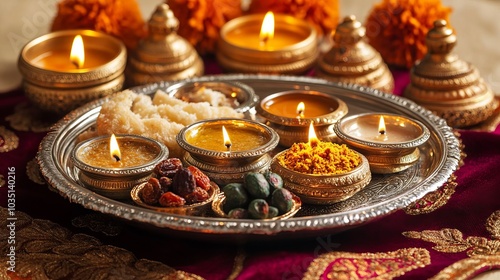 Diwali Celebration Traditional Indian Festival Decor with Candles Sweets and Spices photo