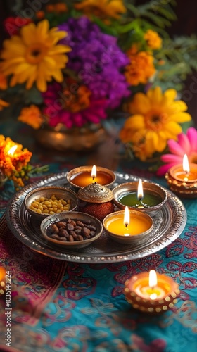 Festive Candles Flowers and Silver Tray for Diwali or Indian Wedding Decor