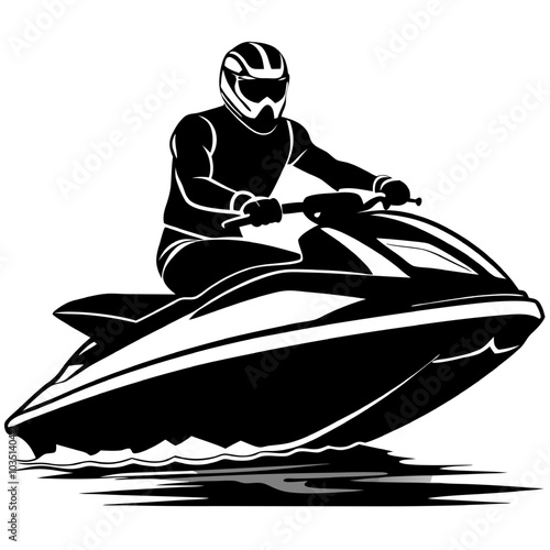 Jet Ski Rider: Thrilling vector illustration of a jet ski rider in action, capturing the speed and excitement of water sports.  Perfect for adrenaline-fueled designs. 