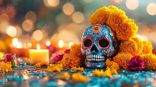 Day of the Dead Sugar Skull with Marigolds and Candles