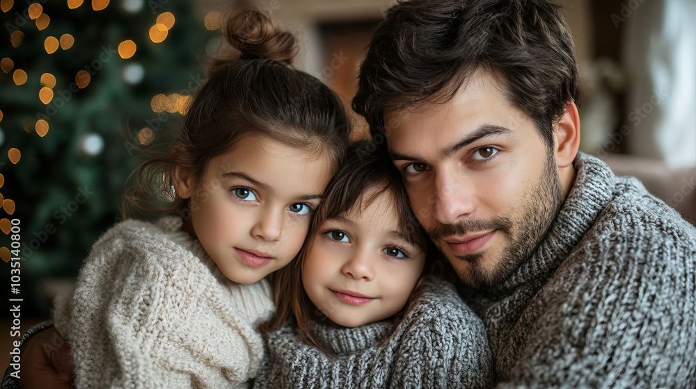Happy Family Portrait Father with Two Daughters Christmas Decor Warm Holiday Feeling Happy Family Portrait Father with Two Daughters Christmas Decor Warm Holiday Feeling