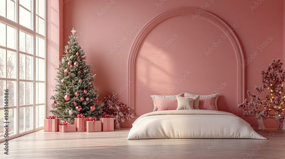 Pink Christmas Bedroom Interior Design with Decorated Tree and Gifts Pink Christmas Bedroom Interior Design with Decorated Tree and Gifts